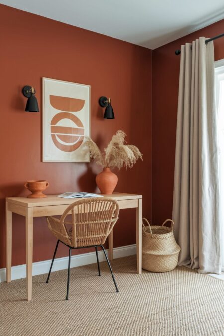 terracotta home office with a jute rug, linen curtains, clay pottery, and a wooden desk