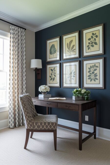 traditional home office has a dark accent wall with matching dark wood frames with botanical prints
