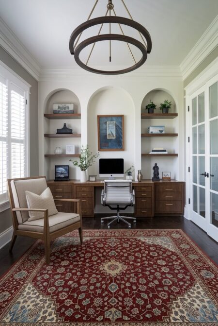 traditional home office with a deep red rug, wooden built-in desk and shelves