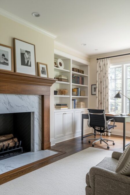 traditional home office with a fireplace and wooden mantel