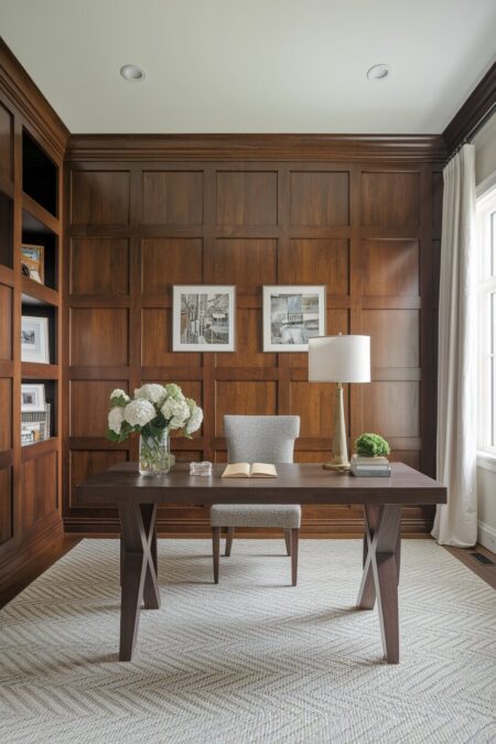 traditional home office with wood paneling, a wooden desk, and a gray chair