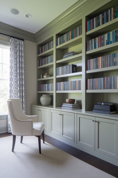 traditional style light dusty avocado color floor-to-ceiling built-in shelving with books