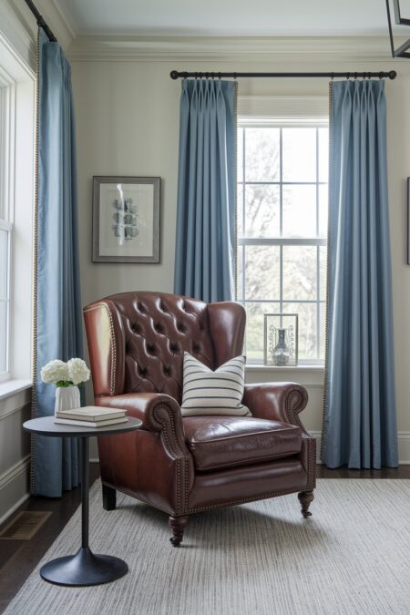 traditional style room with a brown tufted leather wingback chair in the corner and blue curtains