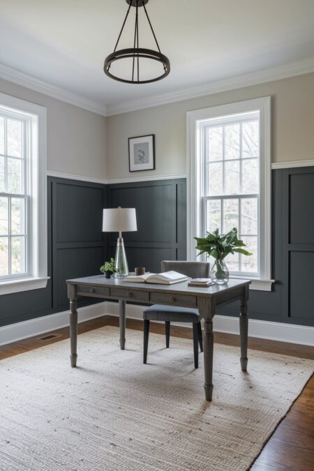 two-tone gray home office with lighter gray on the upper walls separated by crisp white chair rail molding