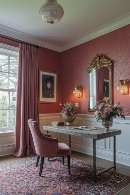 vintage home office with dusty rose walls, a velvet chair, gilded mirror, and a persian rug