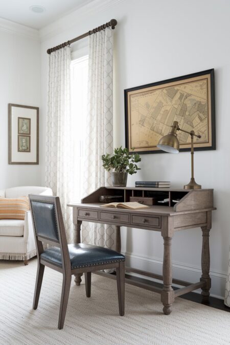 vintage white home office with a leather chair, weathered writing desk, vintage brass desk lamp, and an antique map