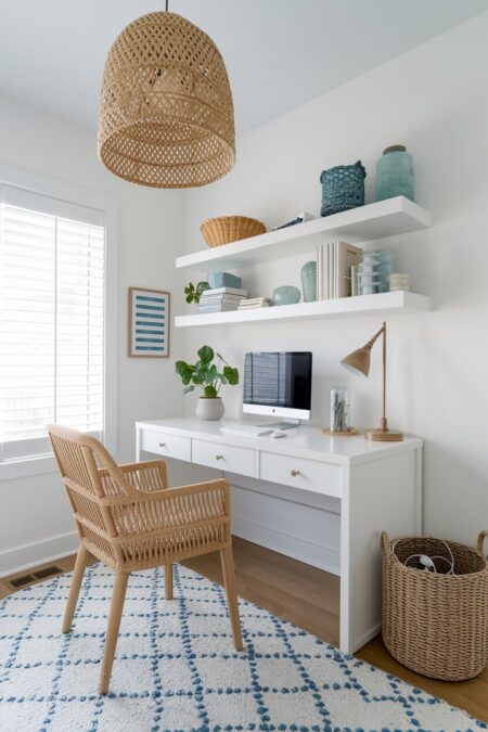 white coastal home office with a rattan chair and pendant light, a white desk and floating shelves