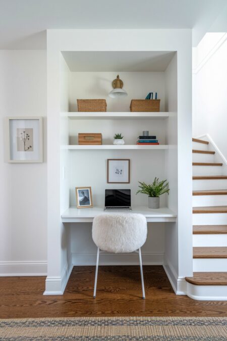 white home office nook next to the stairs with two shelves, a floating desk, and a wall sconce