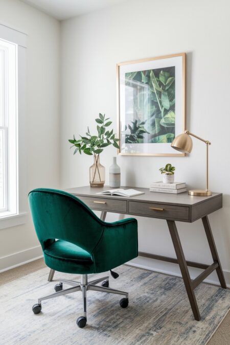 white home office with a dark green velvet desk chair and a brass desk lamp
