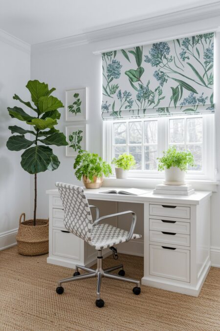 white home office with a fiddle leaf fig in the corner, potted herbs on the windowsill and the desk