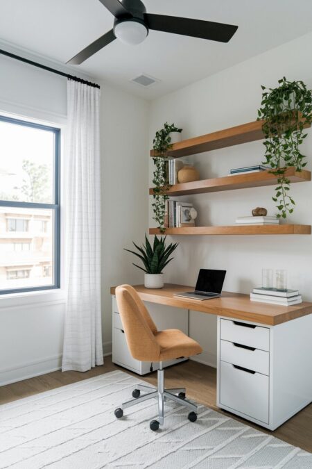 white home office with a honey-toned oak desk and floating shelves, a few trailing plants