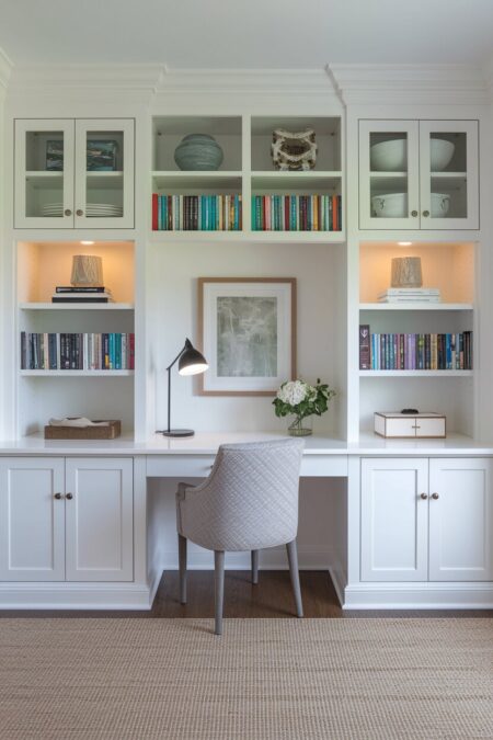 white home office with built-in cabinetry with desk space