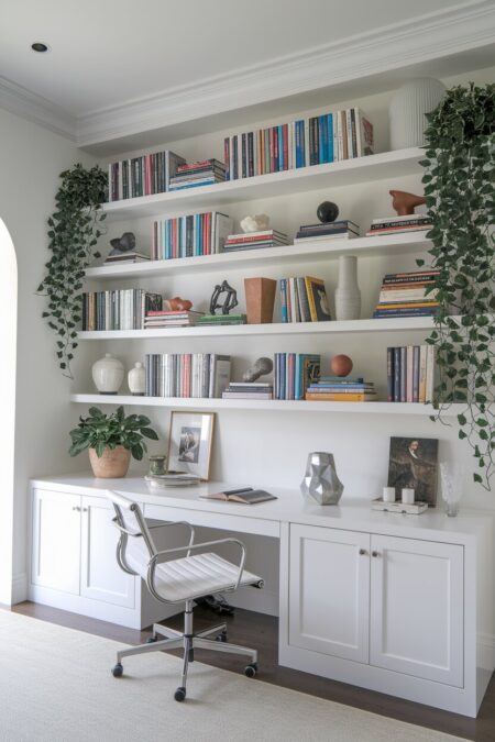 white home office with maximalist shelving