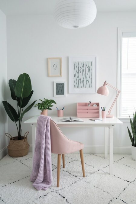 white home office with pastel accents, blush pink desk organizer and decor