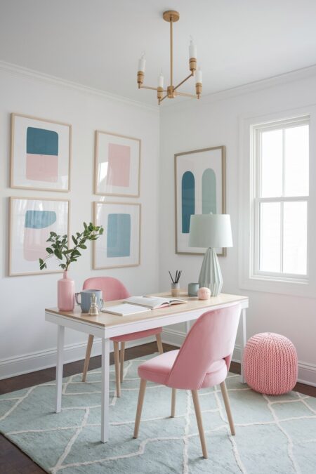 white home office with pastel pink, green, and blue decor