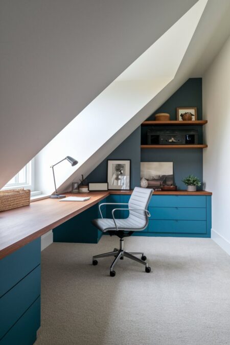 attic home office has a built-in desk along the eaves with blue drawers