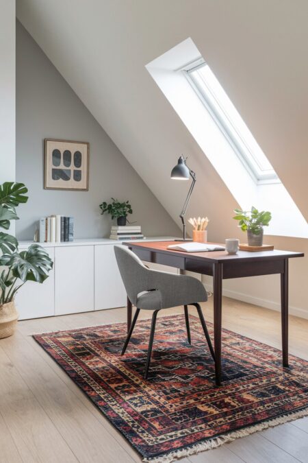 attic home office with a bold area rug, sloped ceiling, and light laminate flooring