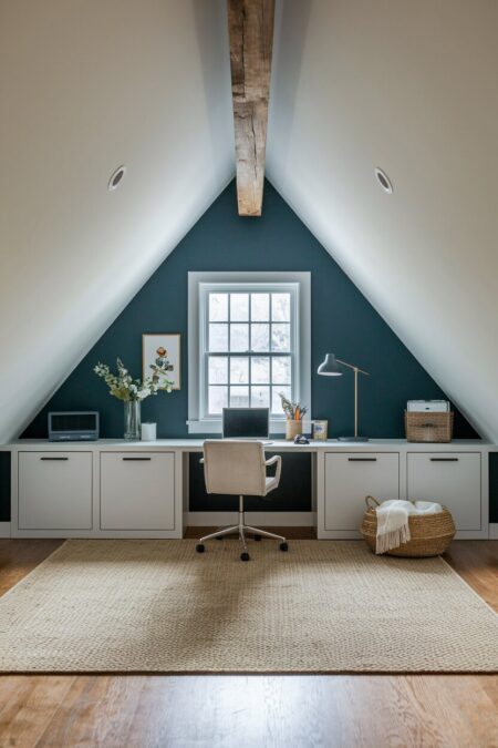 attic home office with a white desk, blue accent wall, grid style window, and a mini-split unit for airflow