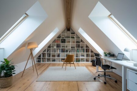 10 Attic Home Office Ideas That Make Awkward Slopes Look Intentional attic home office with skylights, a white built-in cube storage shelving, and a white desk