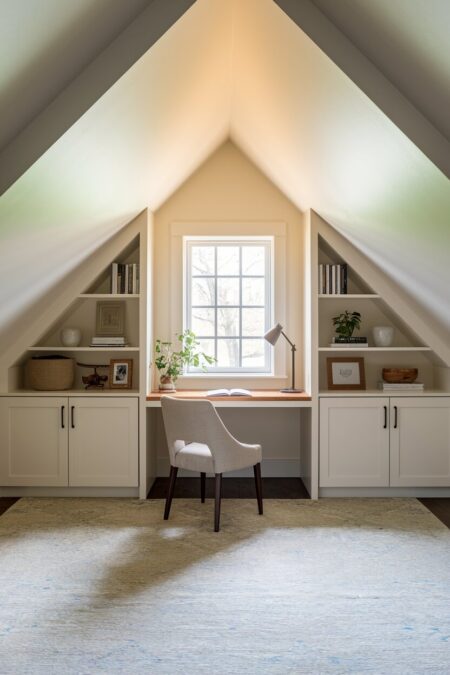 attic home office with soft cream sloped ceiling and furniture