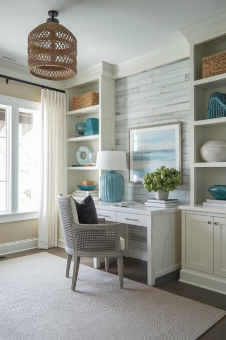 beach style home office has sandy palette, driftwood accents, and a charcoal cushion on the chair