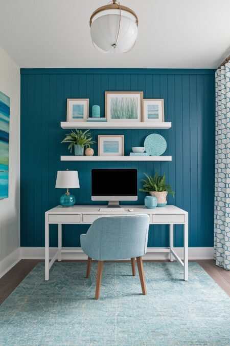 beach style home office with a blue-green accent wall, a white desk, and white floating shelves
