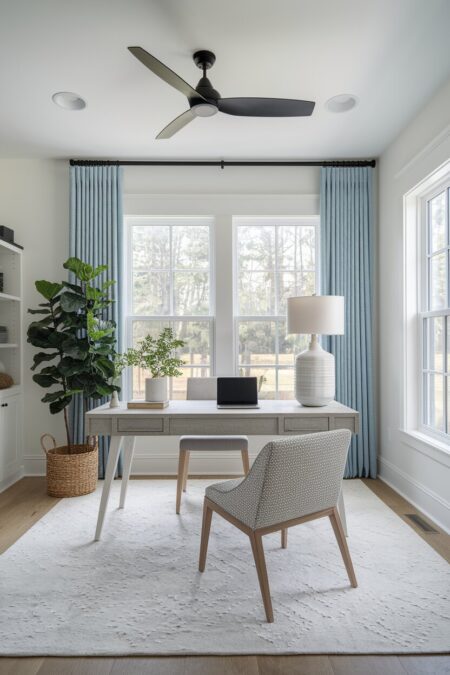 beach style home office with a desk beside windows with light blue curtains