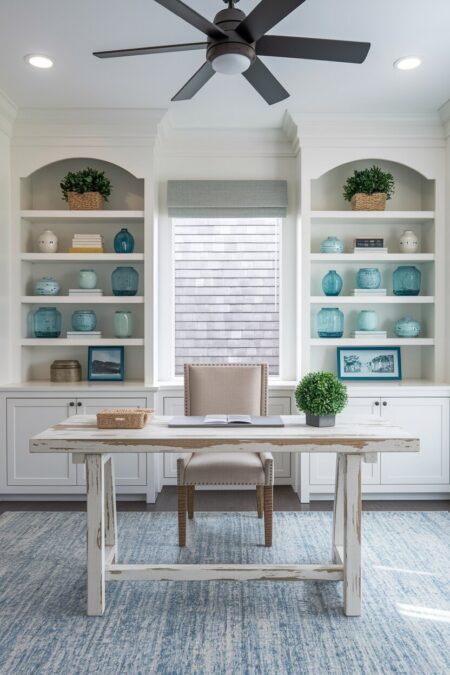beach style home office with a weathered wood desk and built-in shelving with blue decor