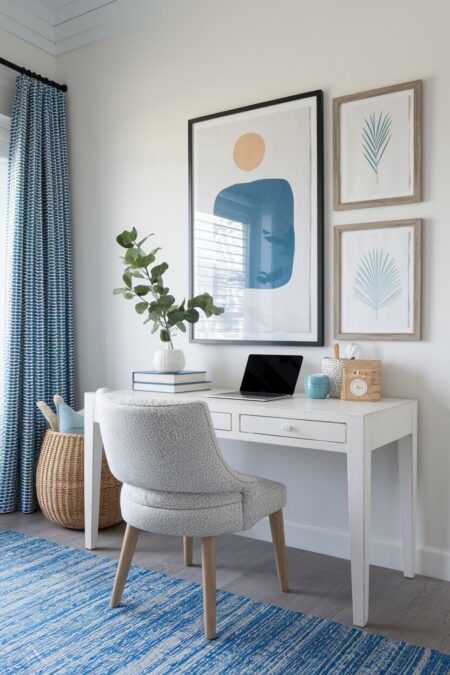 beach style home office with abstract and botanical prints, a white desk, a blue rug and curtains