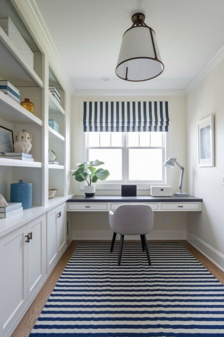 beach style home office with off-white walls, a navy-and-white striped rug and window shade