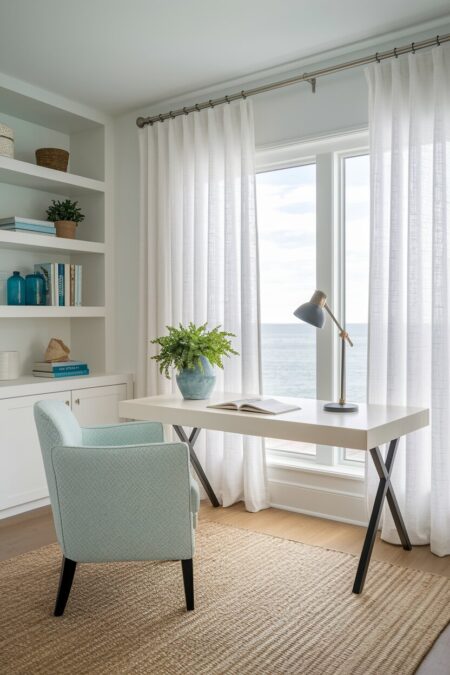 beach style home office with white linen curtains and a jute rug