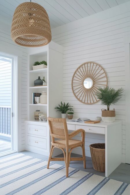 beach style home office with white shiplap walls, a rattan chair, and a woven pendant light