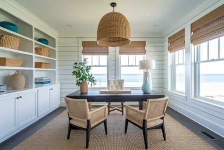 beach style home office with white shiplap walls, woven chairs, pendant light, and window shades