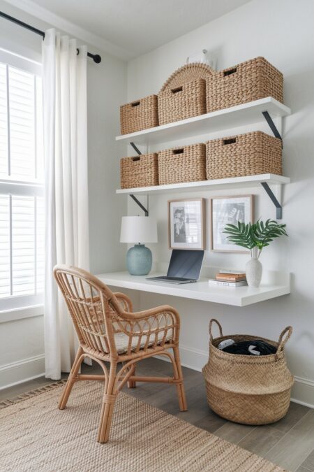 beach style home office with woven storage baskets on the white floating shelves and a rattan chair