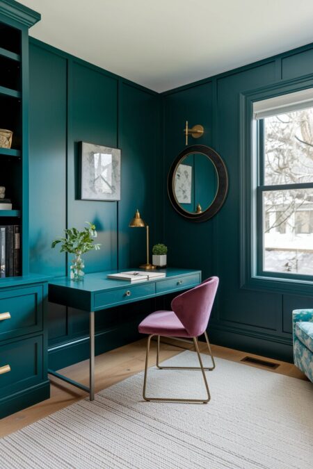 emerald maximalist home office with a velvet chair, gold hardware and desk lamp