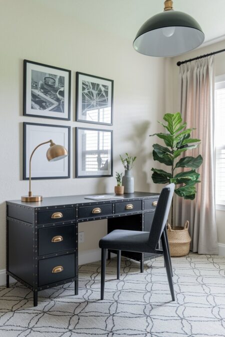 industrial home office has a black desk with brass drawer pulls and a bronze desk lamp