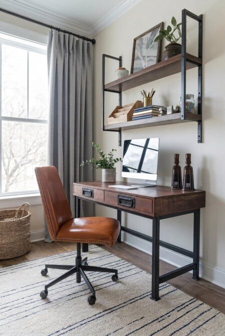 industrial home office has a brown leather chair with exposed rivets, reclaimed wood furniture with black metal frames