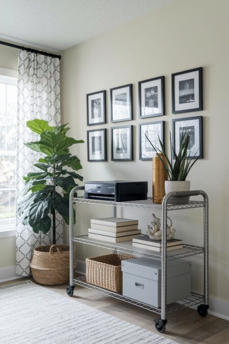 industrial home office has a rolling metal cart with a printer on the top shelf