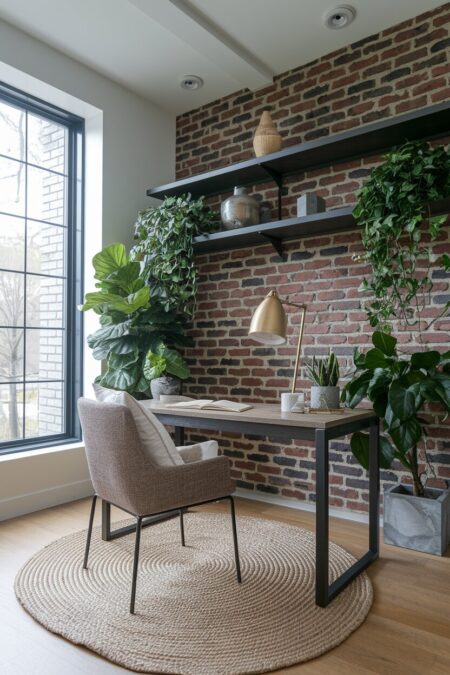 industrial home office with a brick wall, a round jute area rug, throw cushion on the chair, and concrete planters