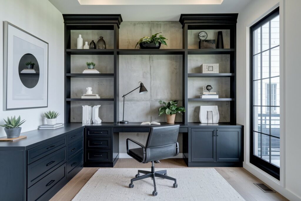 12 Industrial Home Office Ideas for a Sleek, Urban Look industrial home office with a concrete accent wall, white painted walls, and black furniture