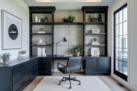 industrial home office with a concrete accent wall, white painted walls, and black furniture