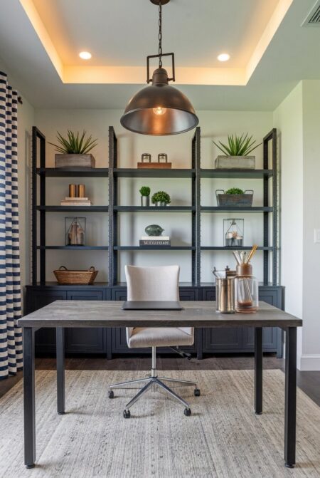 industrial home office with a factory-style pendant lighting, white walls, and black furniture frames