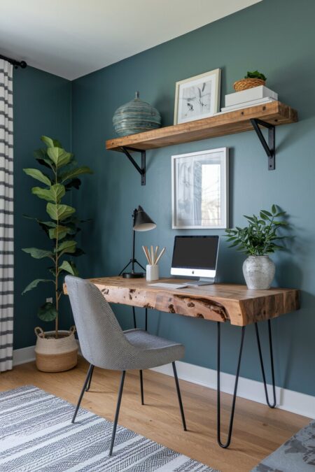 industrial home office with a reclaimed wood desk on hairpin legs