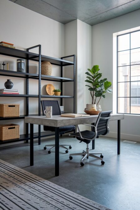 industrial home office with concrete flooring and ceiling, black metal shelving