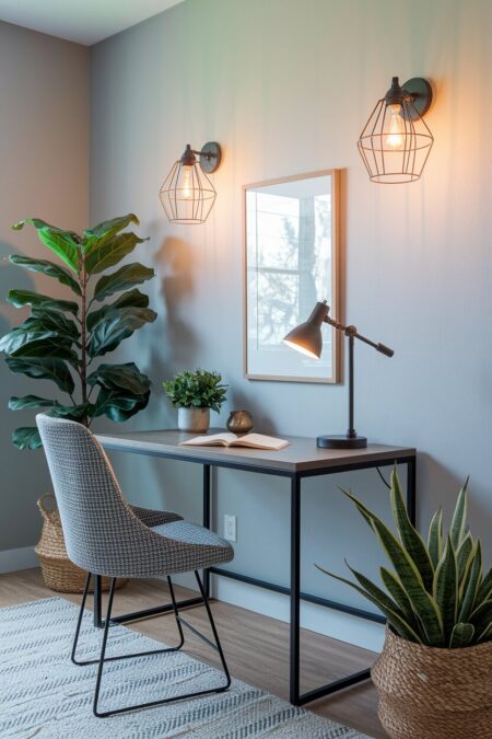 industrial home office with light gray painted walls and black wire cage wall sconces