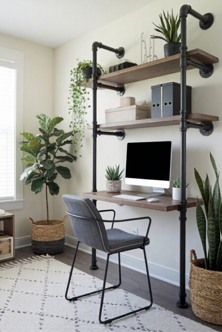 industrial home office with open shelves from black pipes and reclaimed wood planks