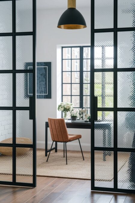 industrial home office with steel glass partitions, white walls, a black desk, and a leather chair