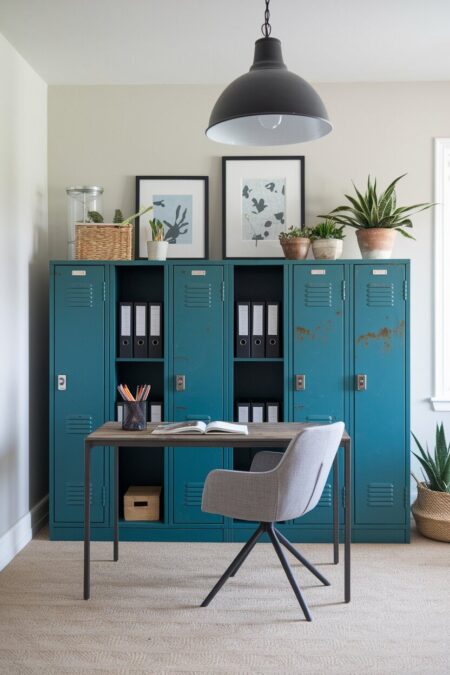industrial home office with vintage metal lockers for storage and a pendant light fixture