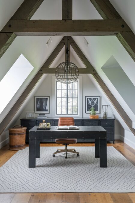 industrial style attic home office with rafters, a black metal desk, a caged pendant light, and a leather chair