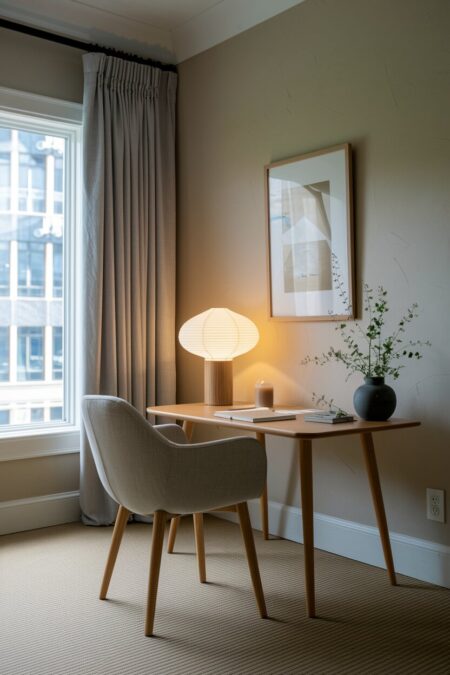 Japandi home office with a paper shade table lamp